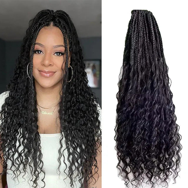 Pre-Looped Crochet Boho Box Braids Human Hair Curls 18 Inch