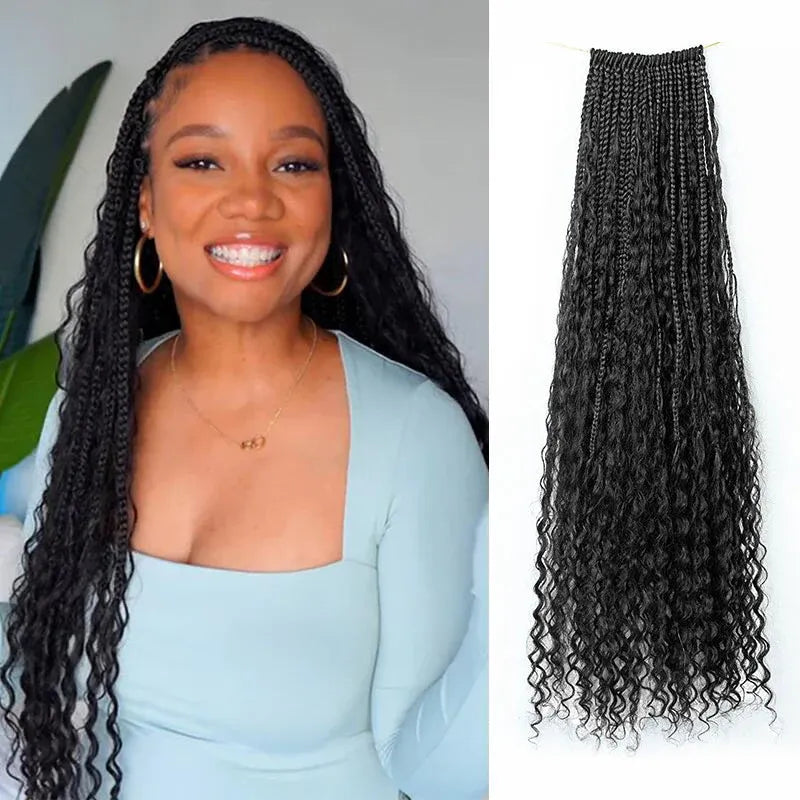 Pre-Looped Crochet Boho Box Braids With Human Hair Curls 24 Inch