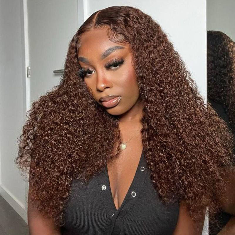 Chestnut Brown Curly Wig Pre Plucked Closure HD Lace Front Wigs 150% Density