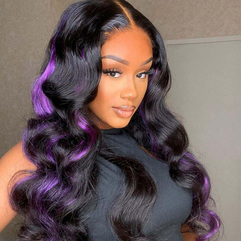 New Color For Black With Purple Highlights Color Wig Body Wave 13x4 HD Lace Wig Human Hair