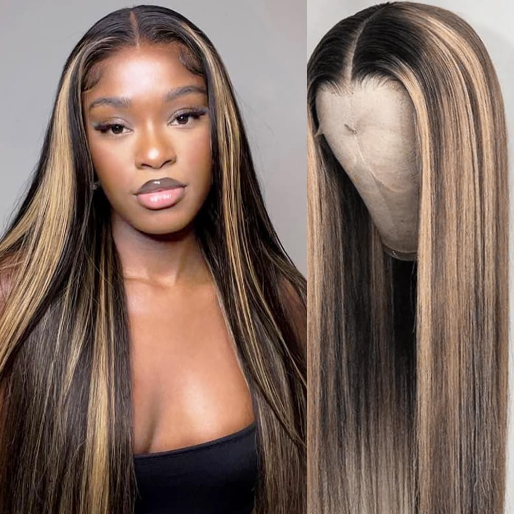 Pre-Cut Lace Wear Go Glueless Wig Black With Honey Blonde Piano Color Straight Breathable