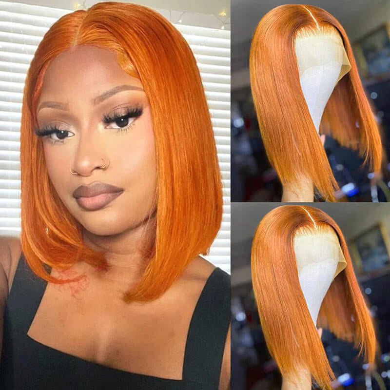 Short Bob Wig Straight Wig 180% Density Ginger Human Hair Wig