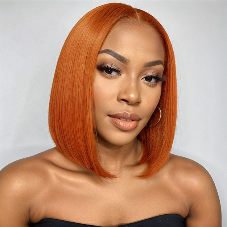 Wear & Go Pre Cut Ginger Orange Bob Wigs Straight Glueless Human Hair Wigs