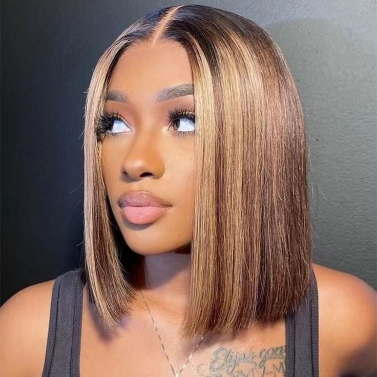 Highlight Piano Color Short Bob Wig Straight 180% Density Lace Front HD Lace Wig Human Hair Wig