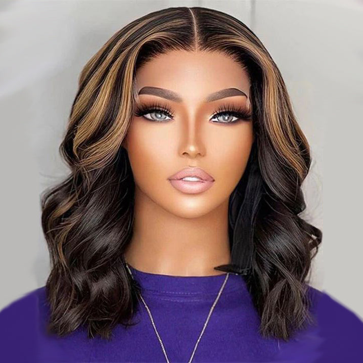 Wear&Go 1B/27# Piano Highlights Color Body Wave Transparent Lace Wig Short Bob Human Hair Wig