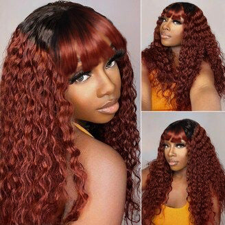 Glueless Wigs Black Omber Reddish Brown Curly Wig With Bangs Transparent Lace Front Wig