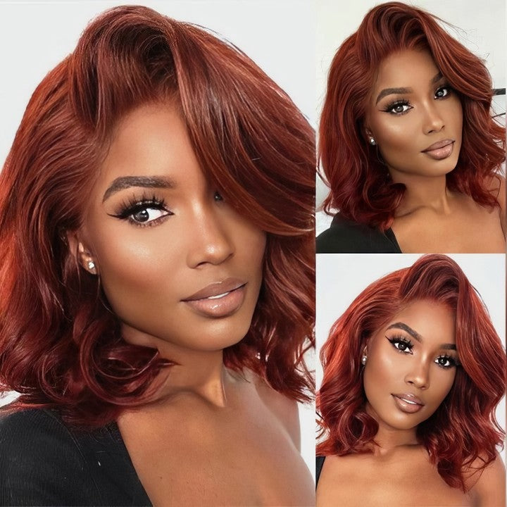 #33 Reddish Brown Body Wave Hair HD Lace 180% Density Short Bob Human Hair Wig